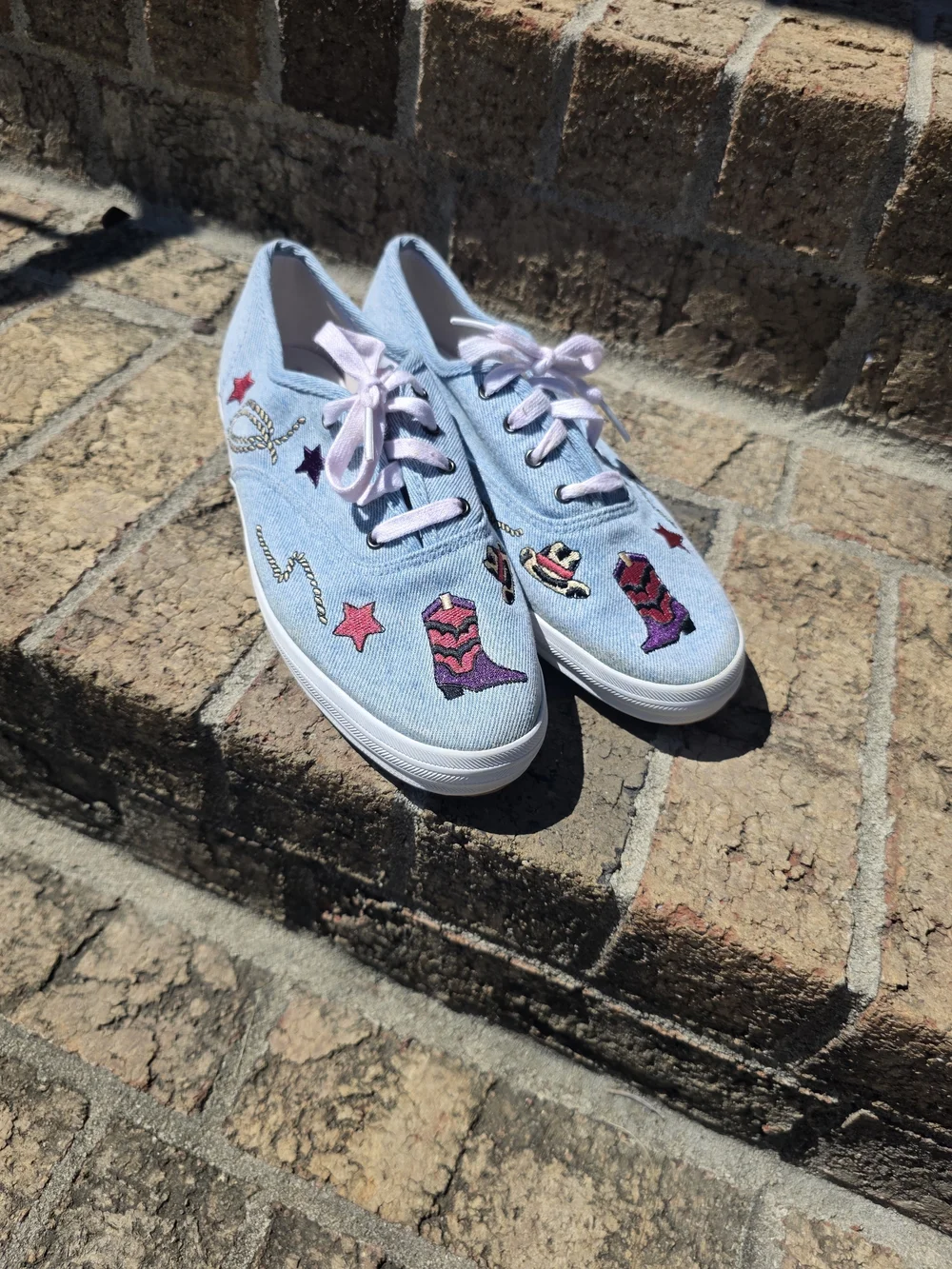 Keds Light Blue Denim Sneakers Western Cowgirl Embroidered Patches